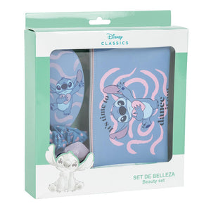 "Disney Classics beauty set with Stitch design, featuring a hairbrush and hair ties in a stylish blue pouch."