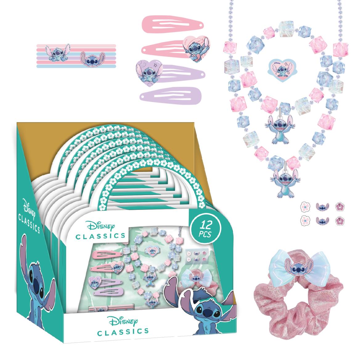 "Stitch jewelry and hair accessory set with clips, necklaces, and scrunchies in Disney Classics packaging, 12-piece collection."