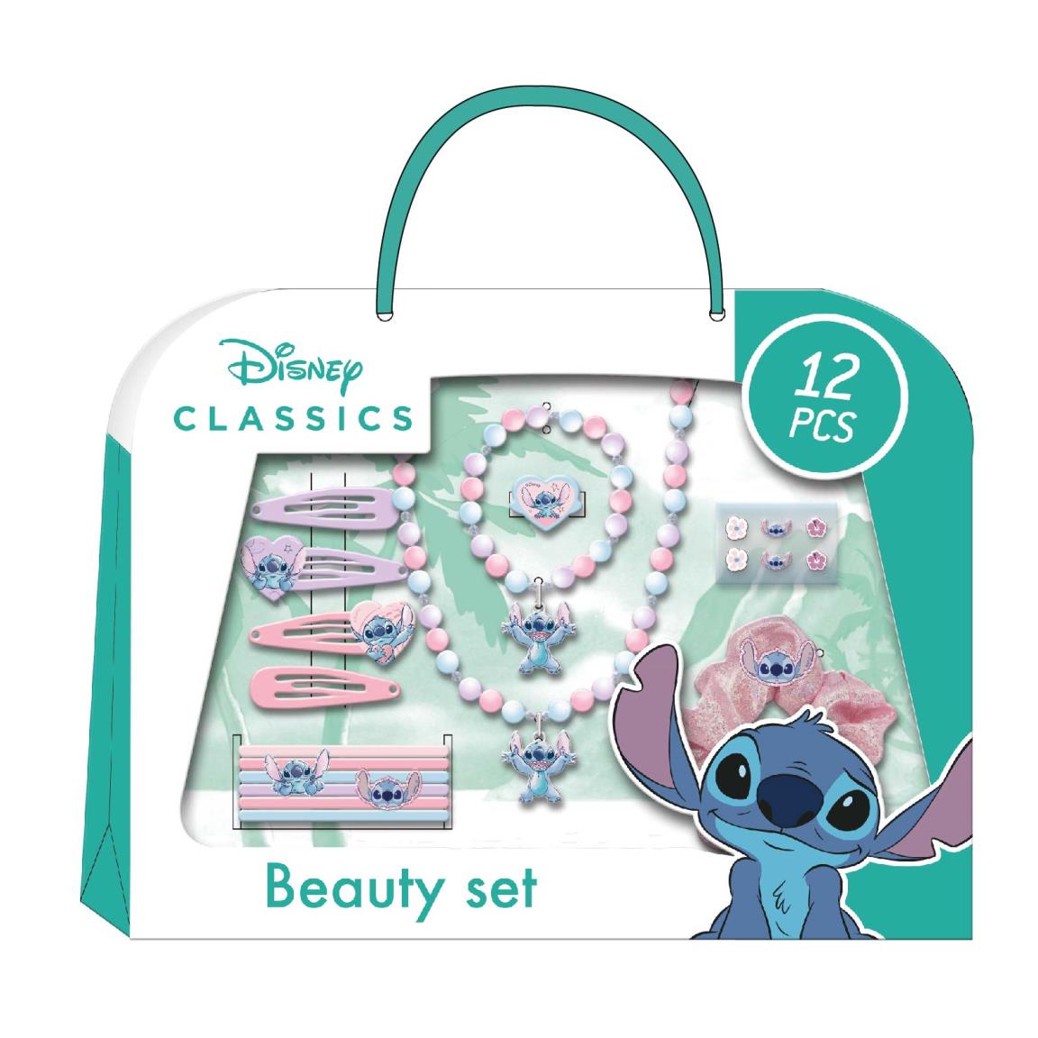 "Disney Classics Stitch jewelry and hair accessory set, featuring 12 pieces of colorful hair clips and jewelry for kids."