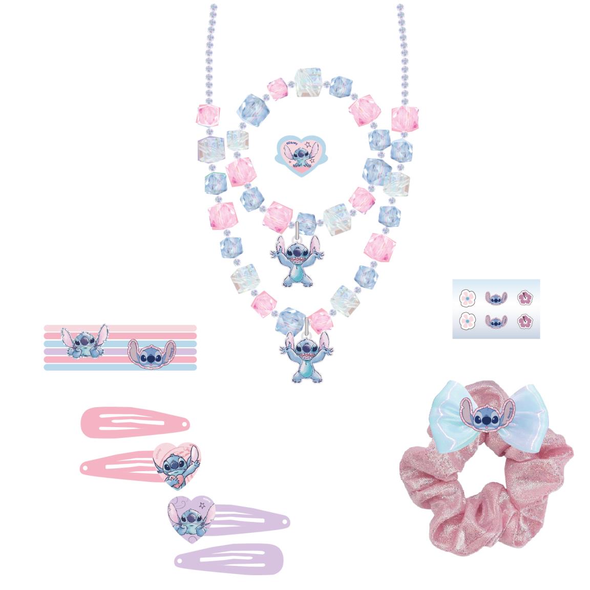 Stitch jewelry and hair accessory set with necklace, hair clips, scrunchie, and earrings in pastel pink and blue colors.