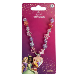 Disney Princess necklace with colorful beads and princess charms on a pink background packaging.