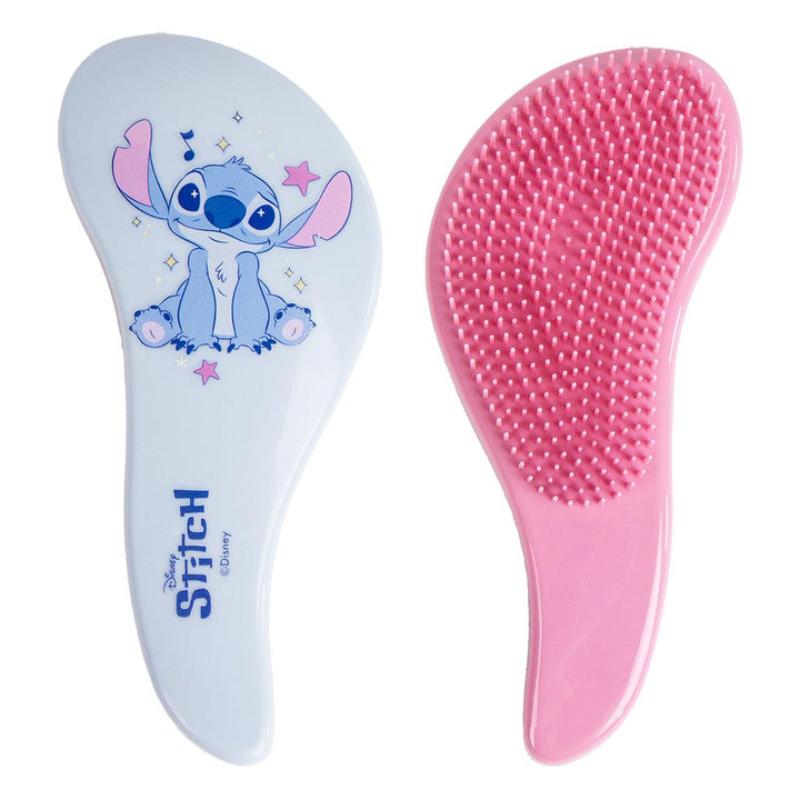 Disney Stitch hairbrush with pink bristles, featuring a cute Stitch character design. Ideal for gentle detangling.