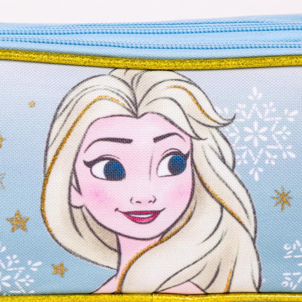 "Frozen-themed two-compartment blue and yellow pencil case with snowflake design"