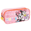 Pink Minnie Mouse and Daisy Duck pencil case with two compartments, suitable as a cosmetic bag, featuring a polka dot design.