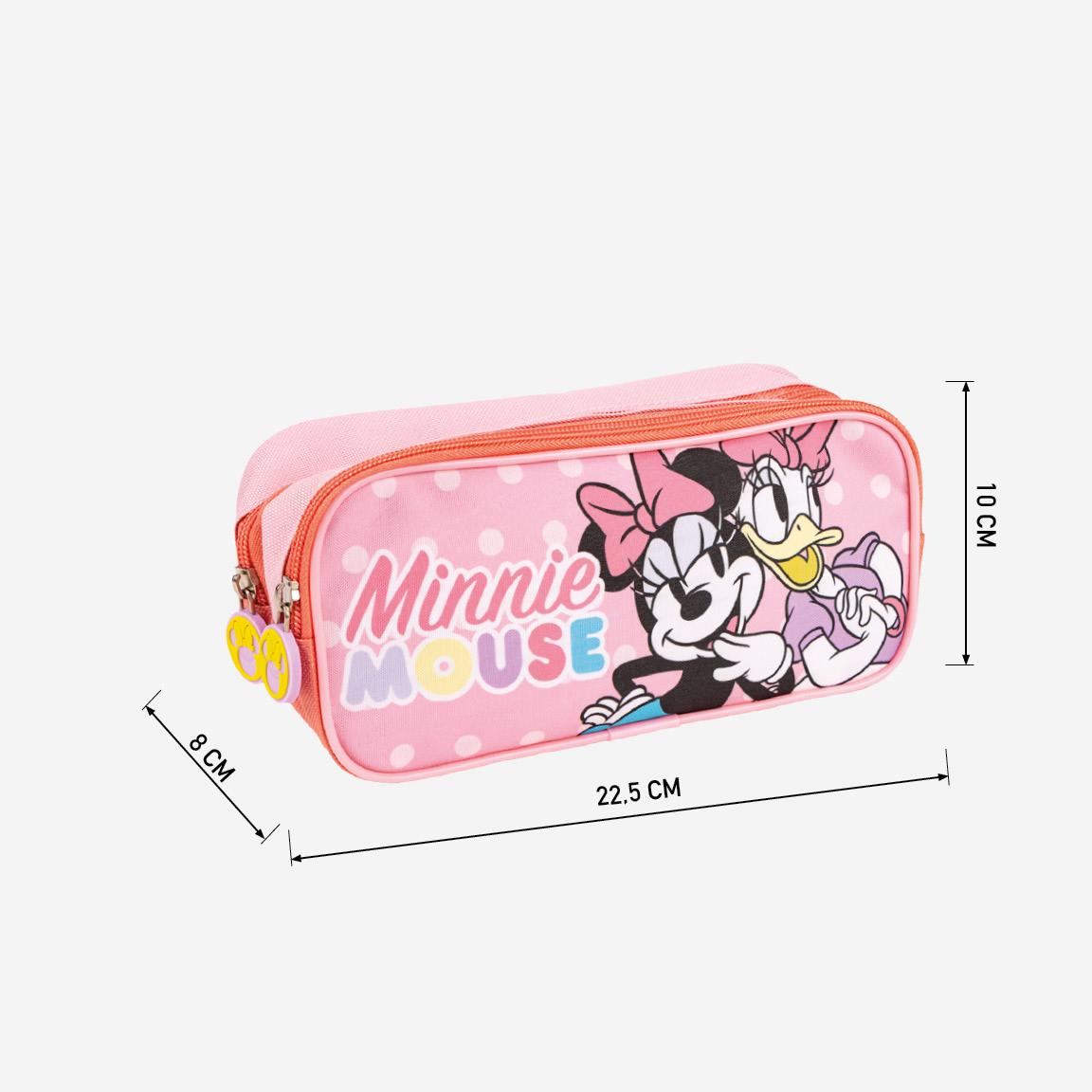 Pink Minnie Mouse pencil case with dual compartments, featuring Minnie and Daisy Duck, measuring 22.5 cm by 10 cm by 8 cm.