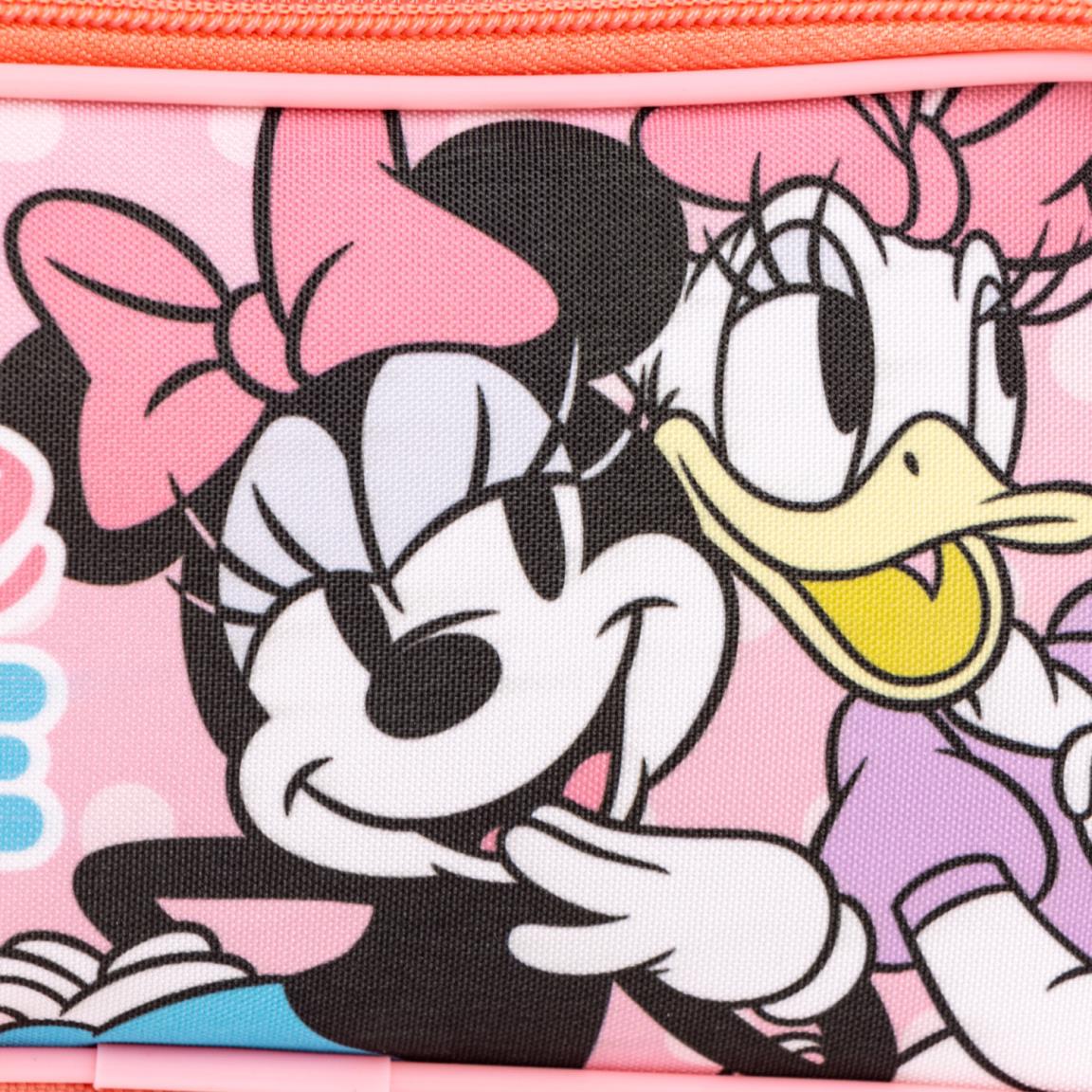 Cute pink pencil case featuring popular animated characters with bows, ideal as a school supply or cosmetic pouch.