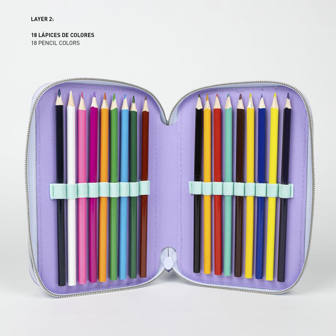 Open case of 18 colorful pencils neatly organized on a soft purple background.