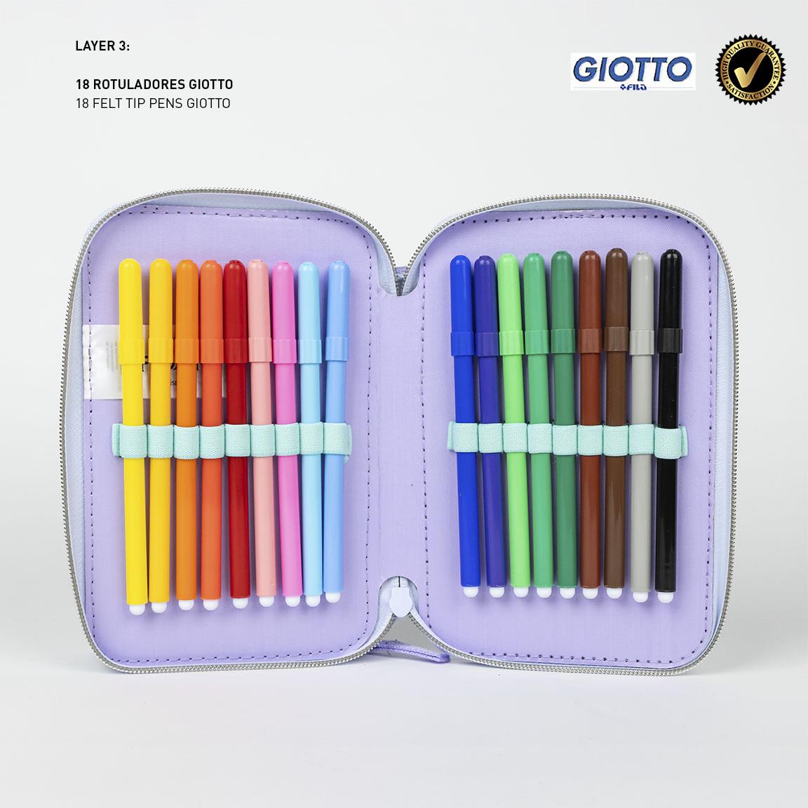 Open case displaying 18 colorful Giotto felt tip pens neatly organized in a lavender holder, perfect for art and writing.