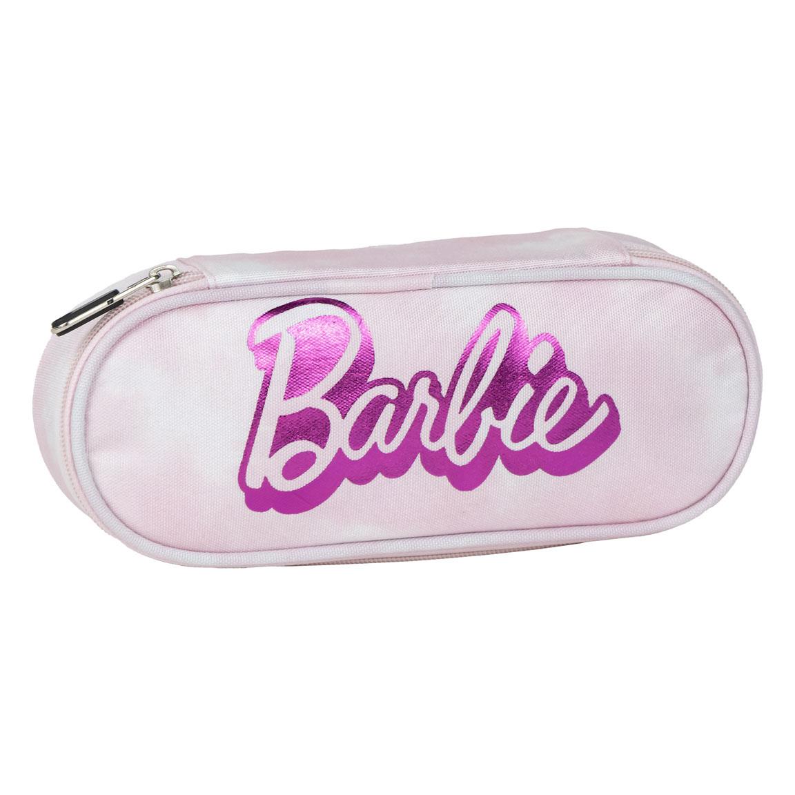 Pink Barbie pencil case with shiny logo, perfect for organizing school supplies.