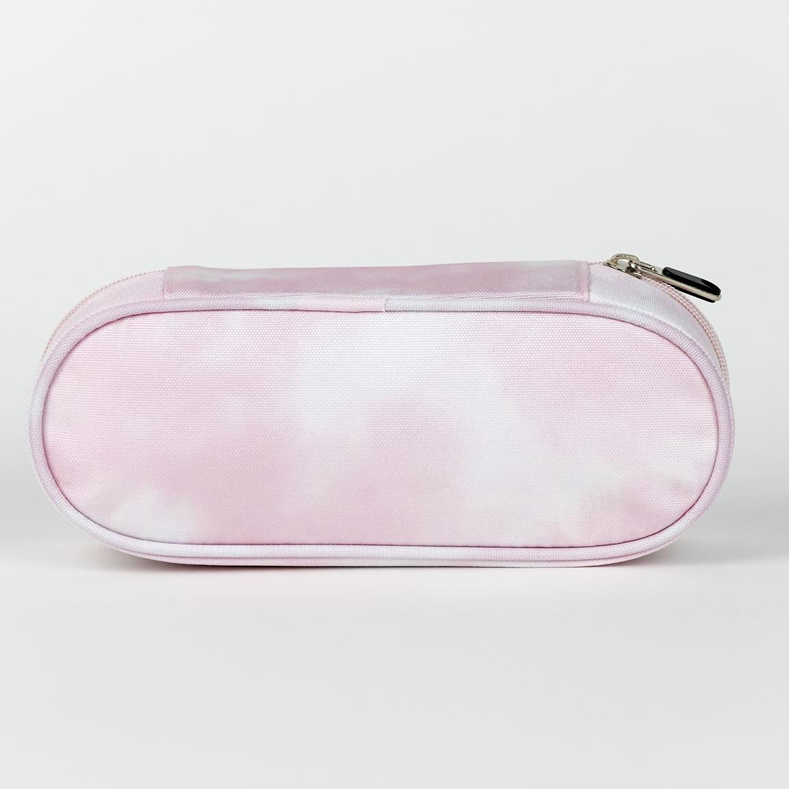 Pink oval pencil case with a zipper, featuring a soft tie-dye pattern. Ideal for organizing pens and stationery supplies.