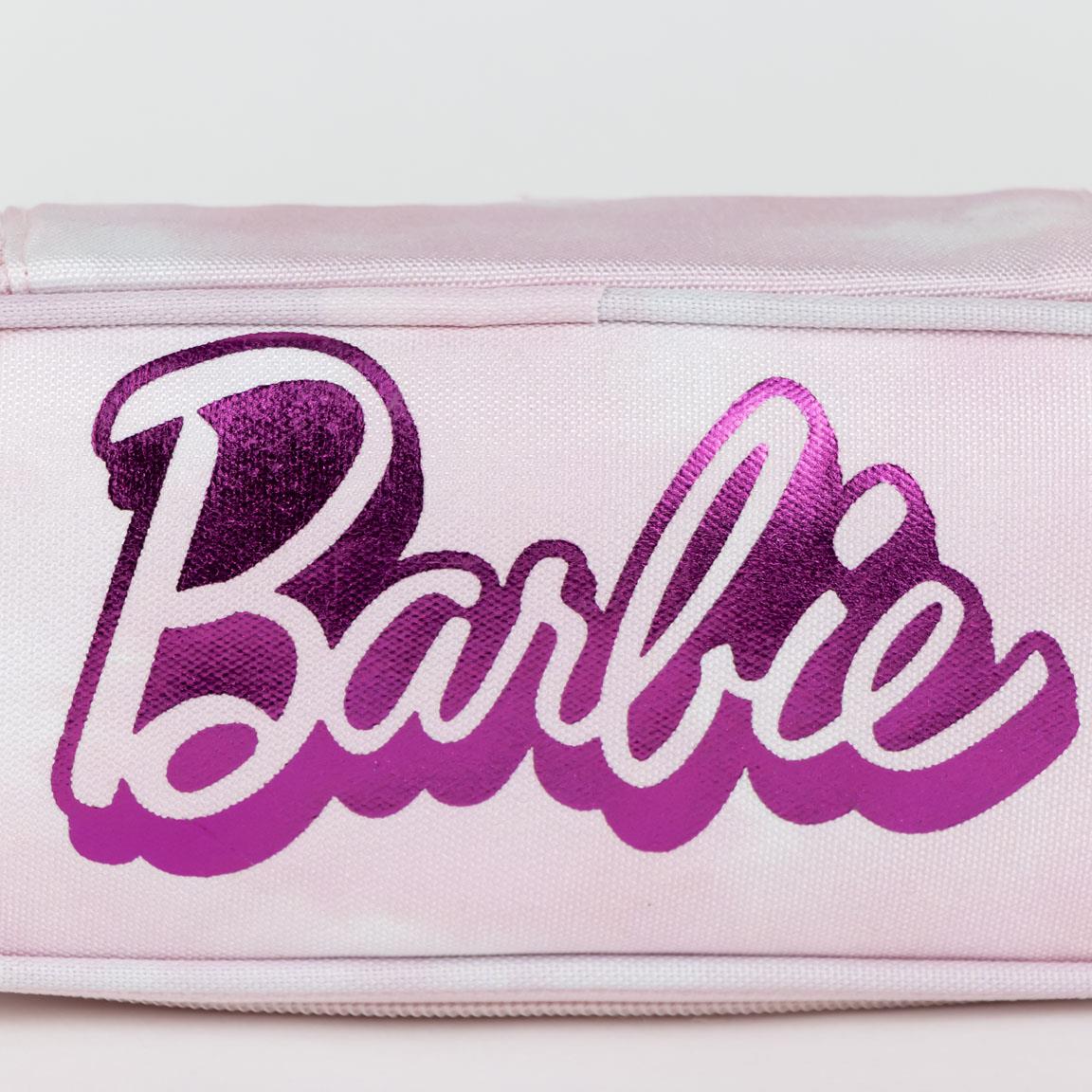 Pink Barbie-themed pen case with vibrant logo design.