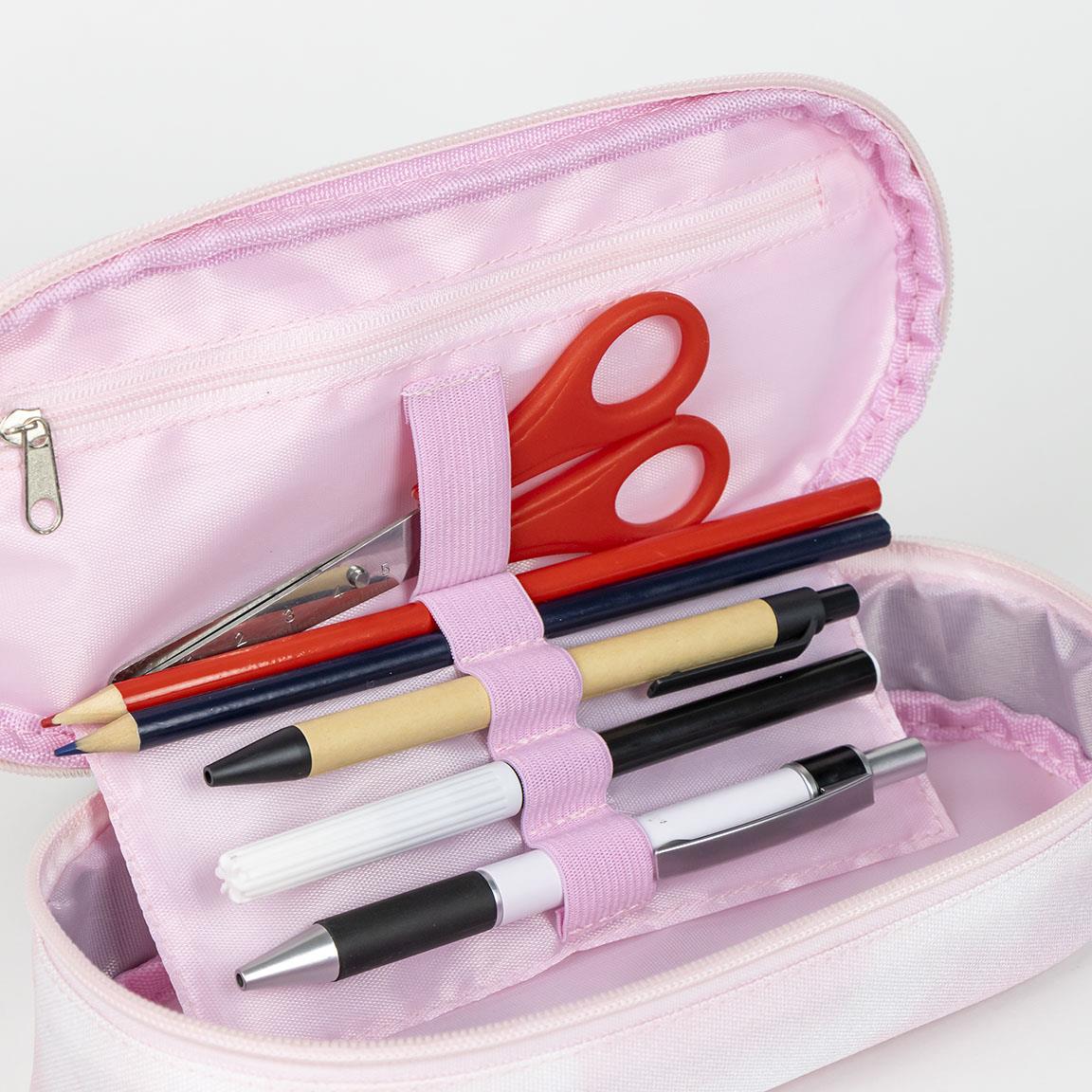 Pink pencil case with pens, pencils, and red scissors inside, showcasing organized school supplies.