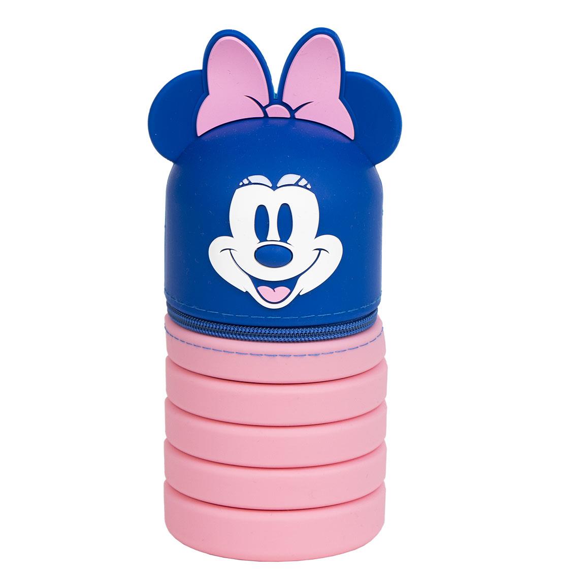 Pink and blue Mína mús silicone pencil case with a cute character design.