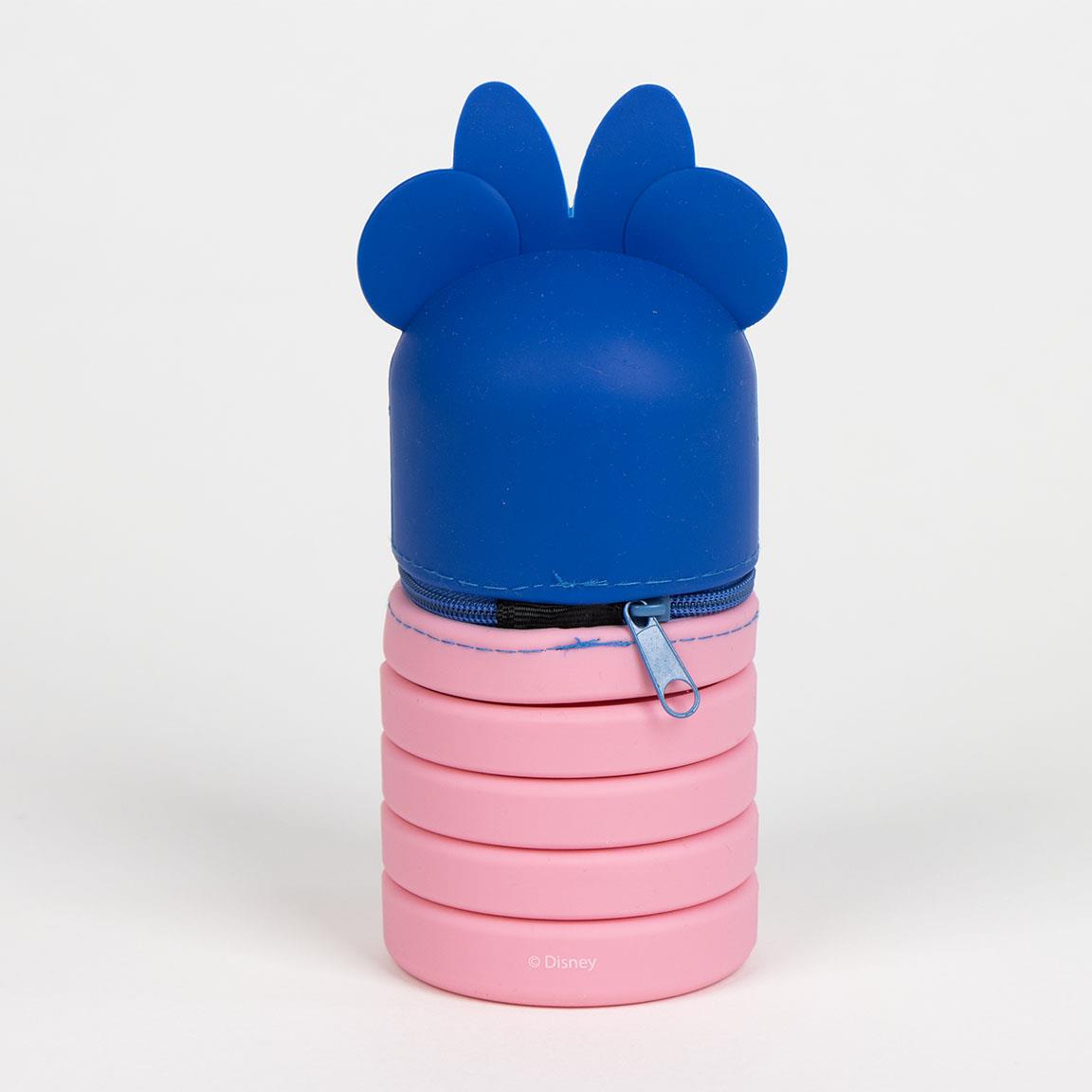 Blue and pink silicone pencil case with mouse ear design and zip closure.