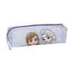 Frozen-themed pencil case featuring character illustrations, small size, with a purple zipper.