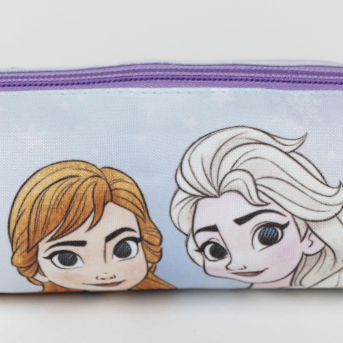 "Frozen-themed pencil case with characters on a light blue background and purple zipper."