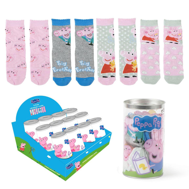 Sokkar Peppa Pig - 4 pör — yfirlit yfir sett með 4 hönnunum og gjafadós