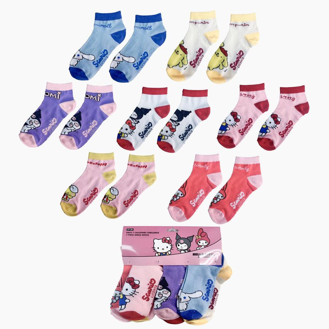 Sokkar Hello Kitty - 7 pör — allar hönnanirnar með Hello Kitty, Kuromi, My Melody og fleirum