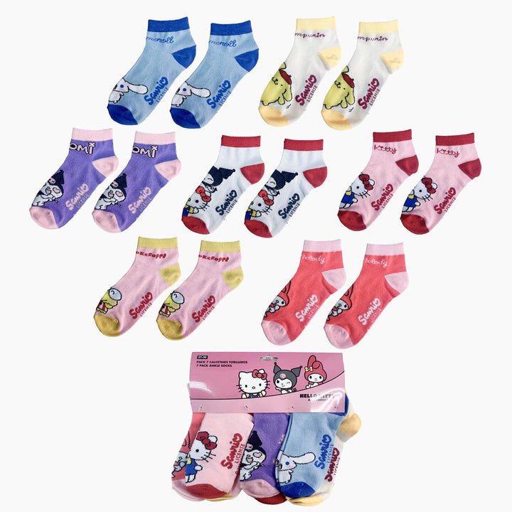Sokkar Hello Kitty - 7 pör — allar hönnanirnar með Hello Kitty, Kuromi, My Melody og fleirum