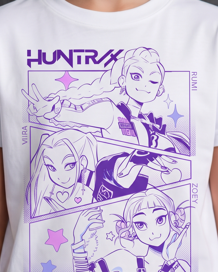 Stuttermabolur hvítur  Huntrex 3 vinkonur - K-pop Demon Hunters barna