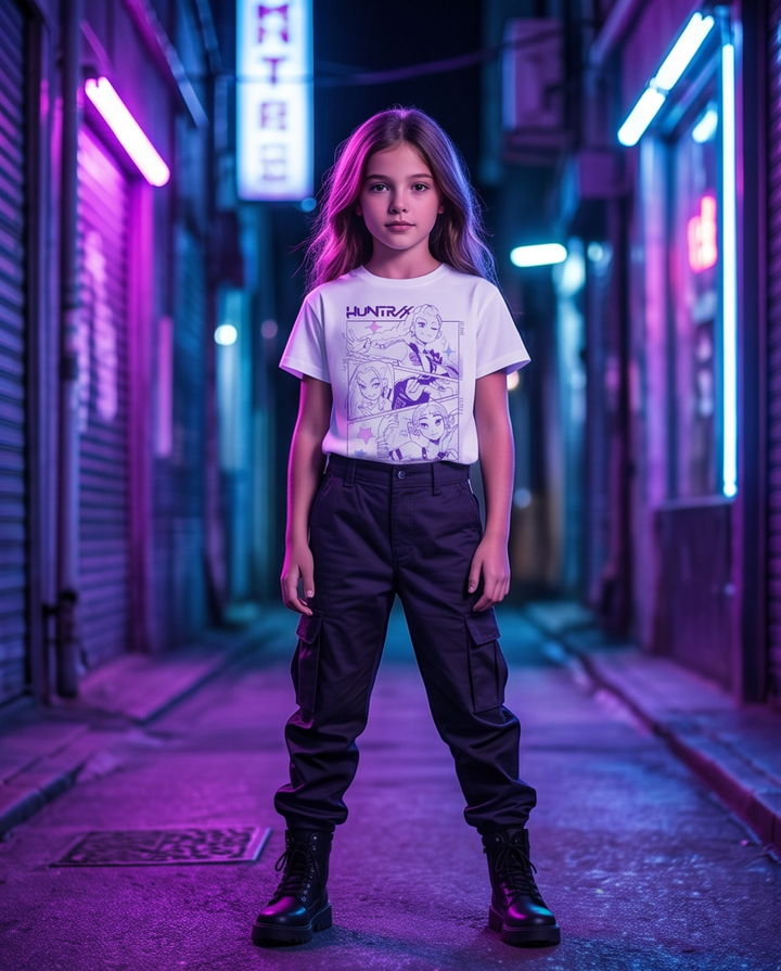 Stuttermabolur hvítur  Huntrex 3 vinkonur - K-pop Demon Hunters barna