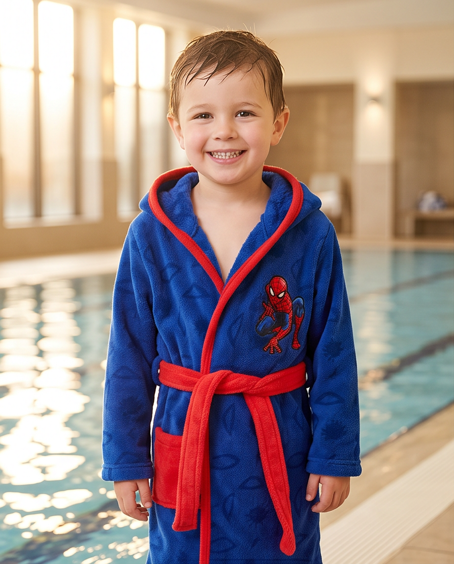 Baðsloppur Spiderman blár með hettu