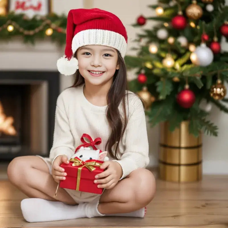 Child in Jólasveinahúfa prjón barna og fullorðins sitting by Christmas tree with gift