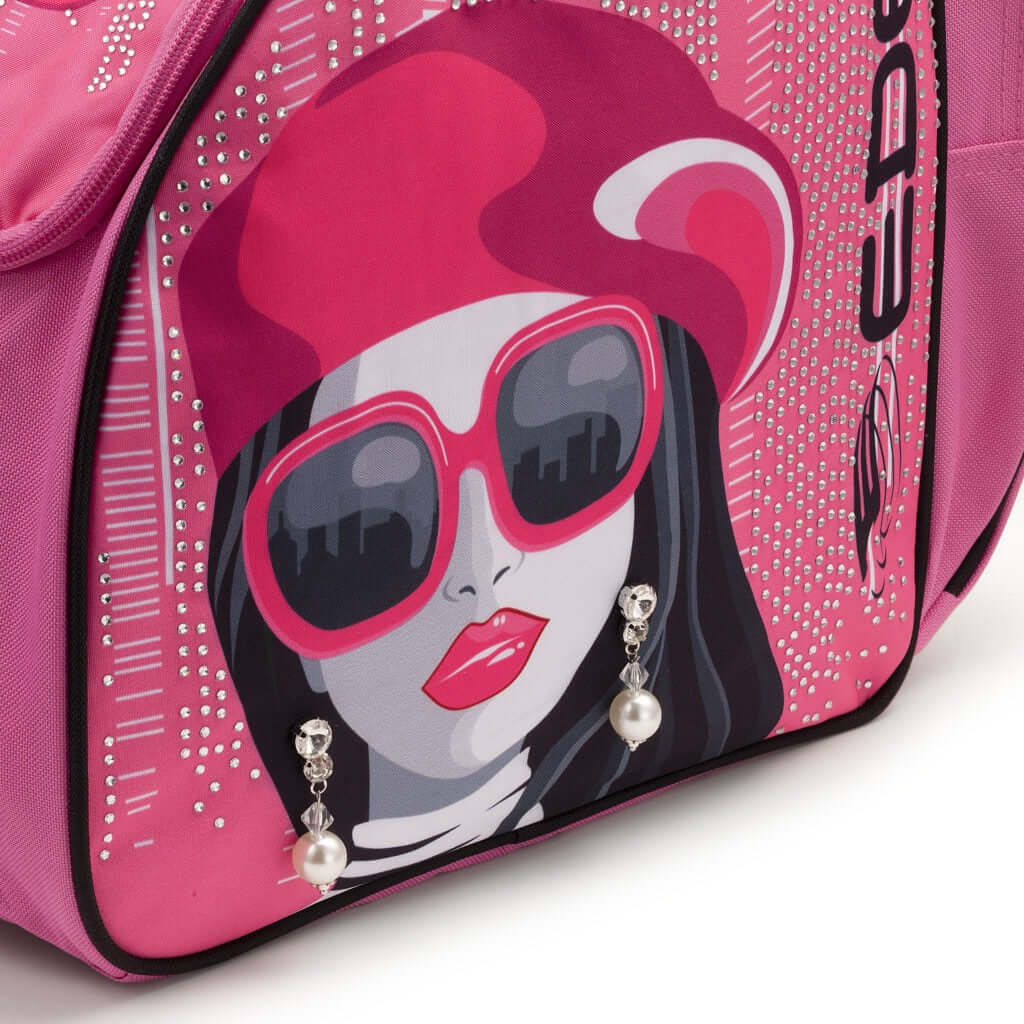Skautataska - SIGNORINA - EDEA pink bag with artistic design, sparkling stones, and pearl embellishments.