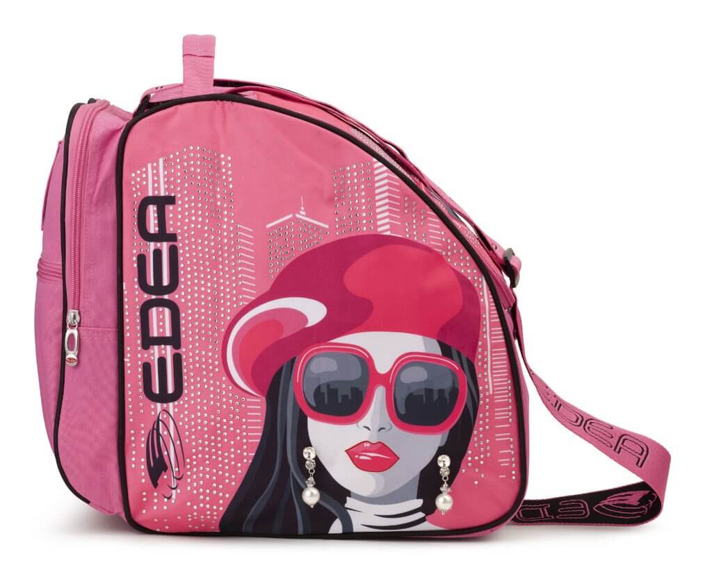 Skautataska - SIGNORINA - EDEA, pink figure skating bag with decorative stones and reflective design.