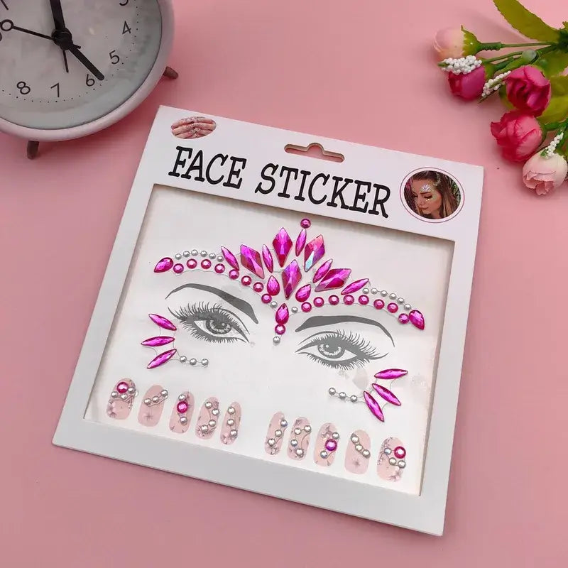 Pink andlits og nagla steinar face and nail sticker set with rhinestones for disco and EDM festivals