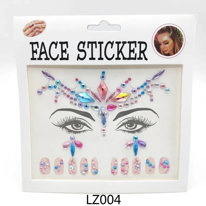 Andlits og nagla steinar, acrylic disco face and nail stickers with rhinestones for EDM festivals.