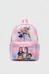Pink backpack with animated character design on a desk with various items