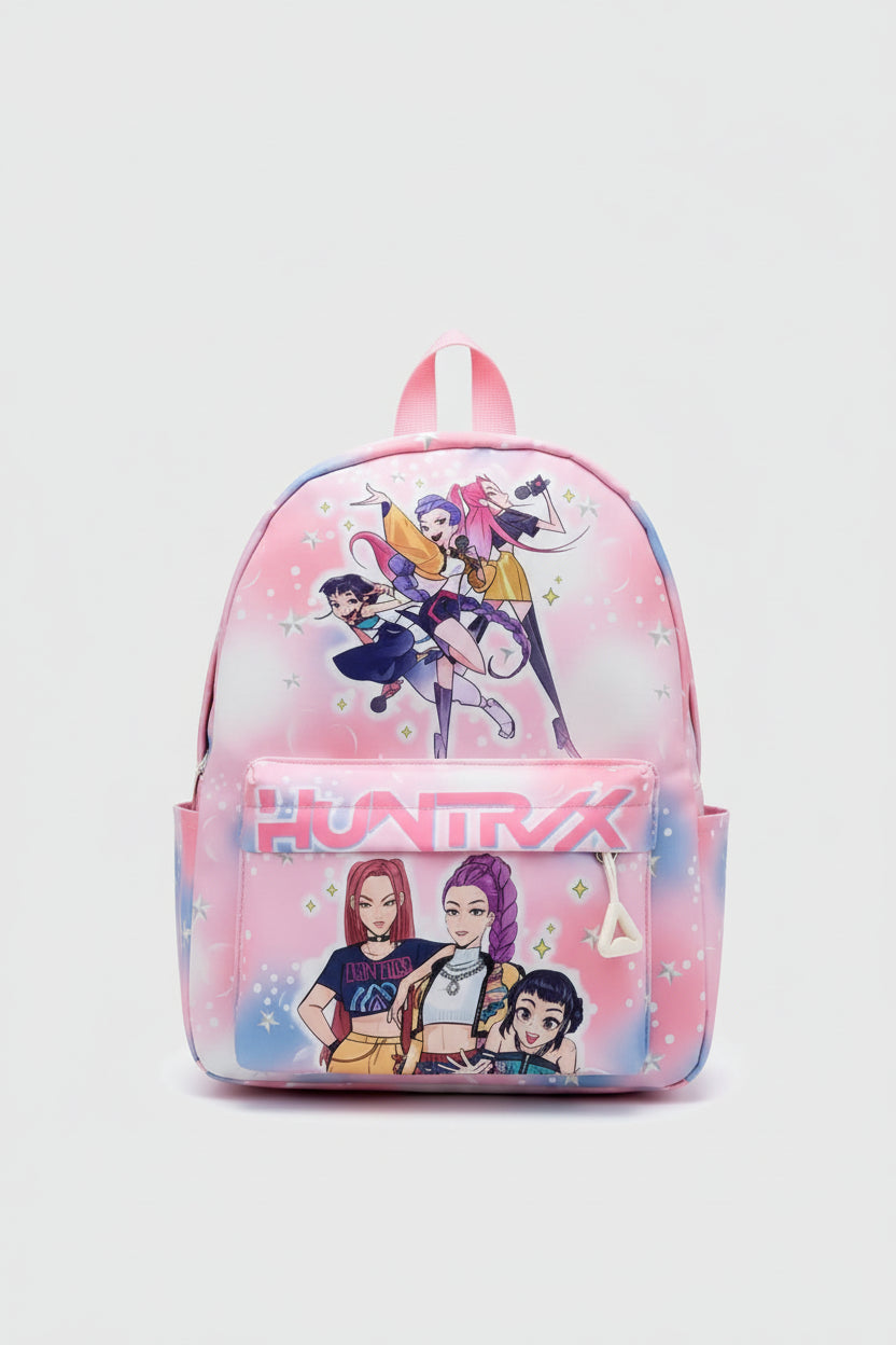 Pink backpack with animated character design on a desk with various items
