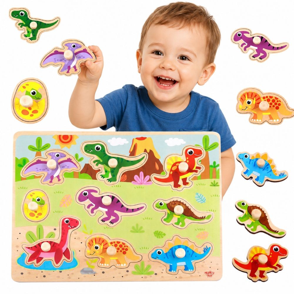 TOOKY TOY Dínópúsl — Trépúsl með handföngum, 9 dýr