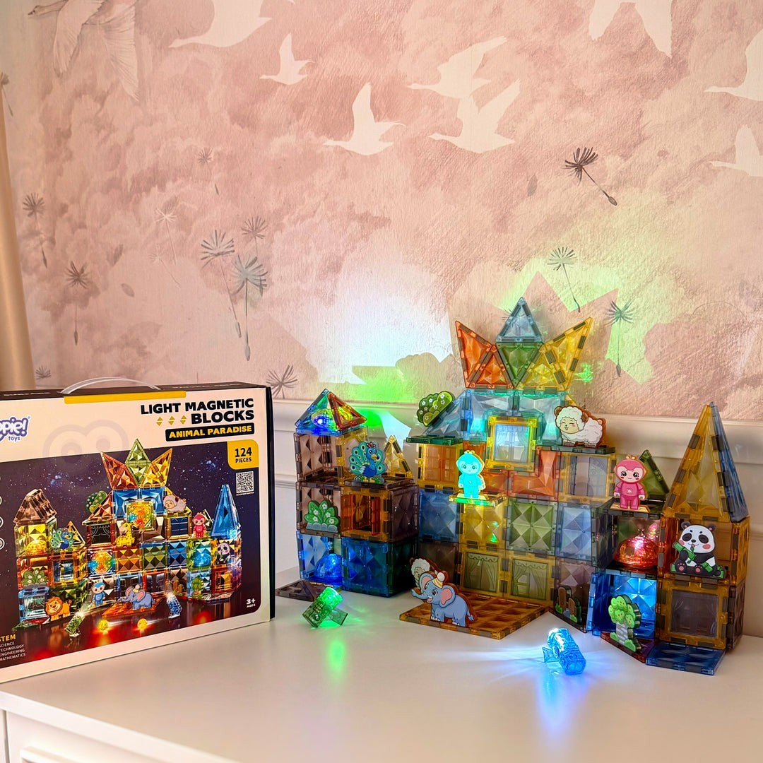 WOOPIE Segulkubbar sem lýsa — 3D dýraheimur, 124 stk