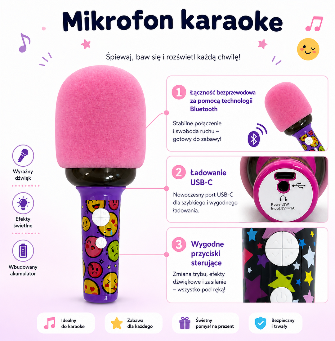 WOOPIE Karaókærófónn — Þráðlaus, bleikur með LED-lýsingu