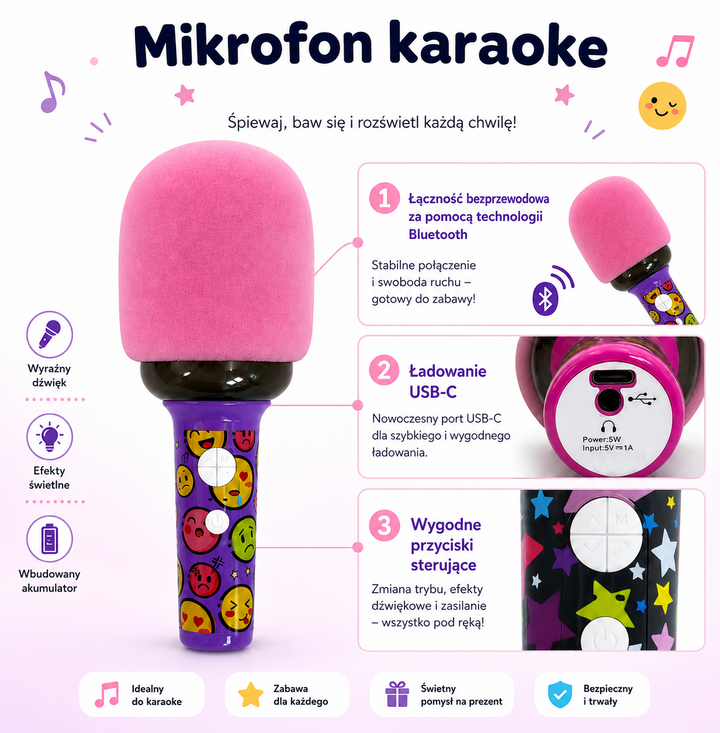 WOOPIE Karaókærófónn — Þráðlaus, bleikur með LED-lýsingu