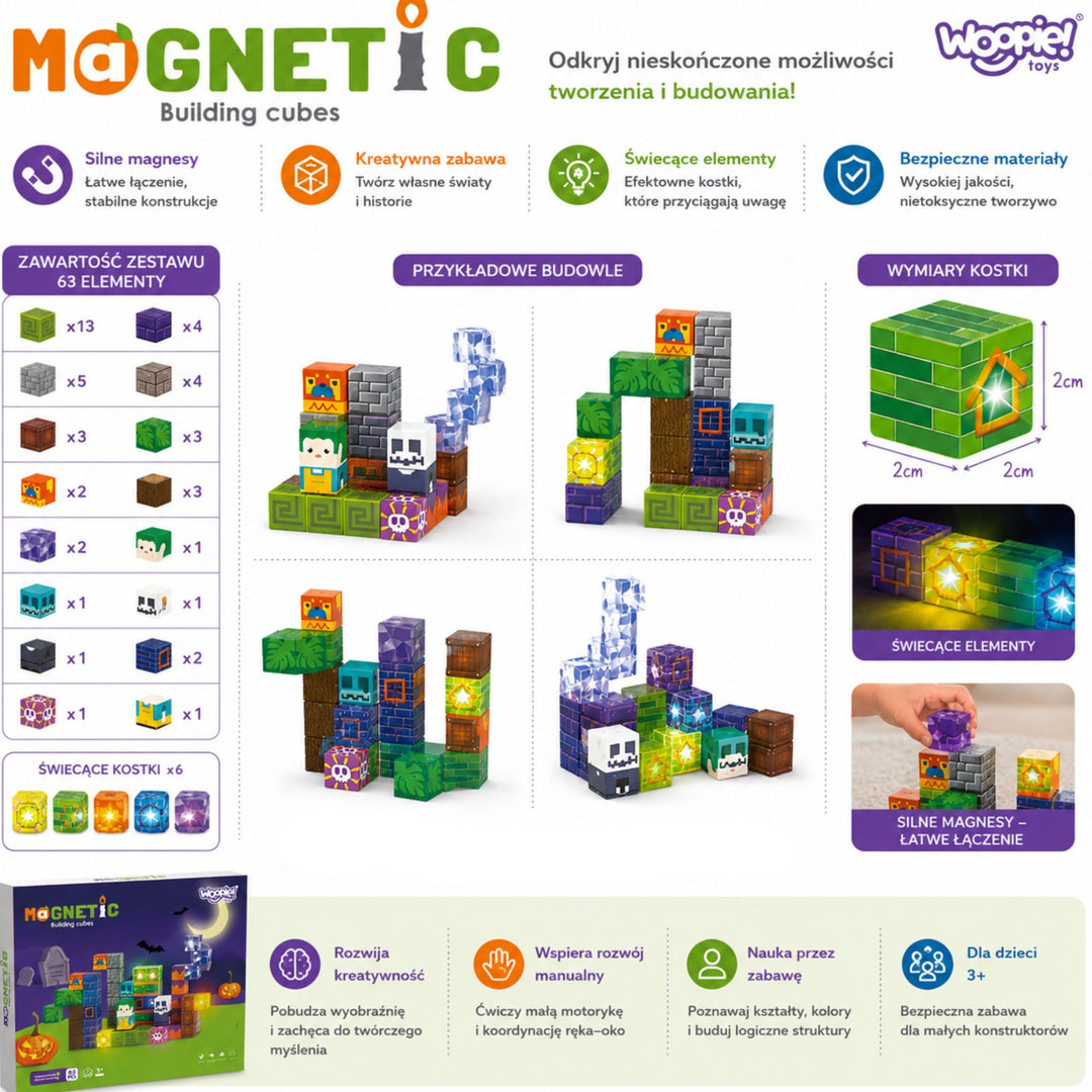 WOOPIE Segulkubbar — Halloween, 63 stk með LED-lýsingu