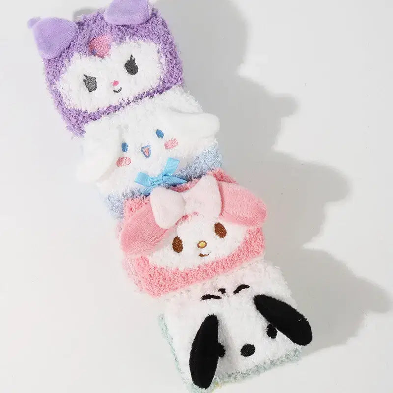 Kósýsokkar - Kumori og Melody - Cozy coral velvet home socks with cute cartoon designs, perfect for autumn and winter, women's warm footwear.