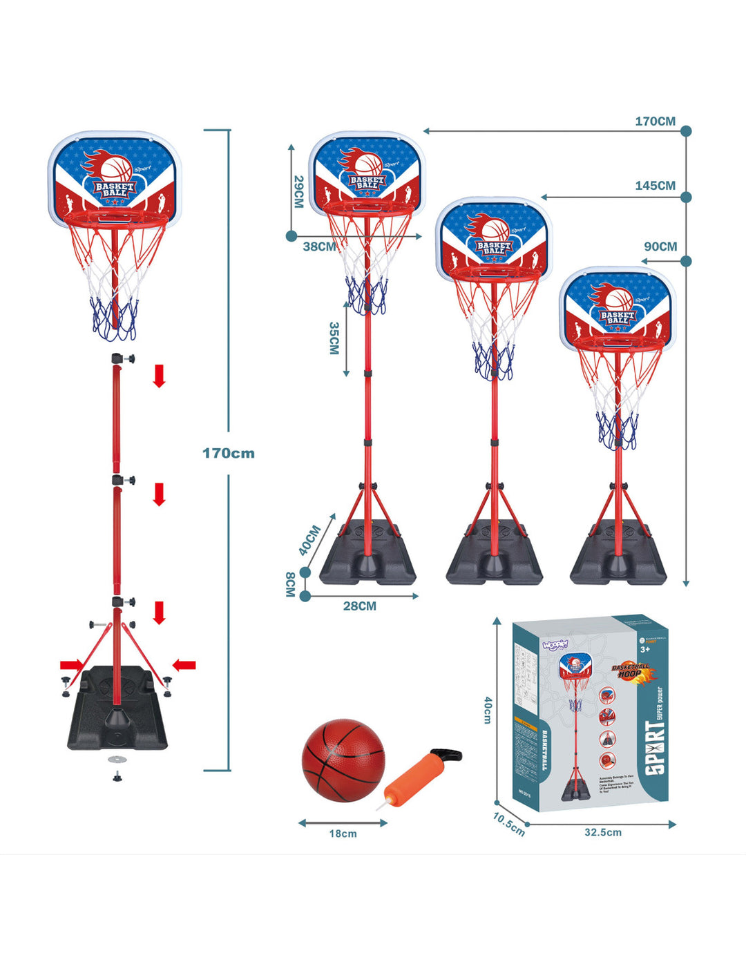 WOOPIE Körfuboltasett — Stillanleg Hæð 90-170 cm með Bolta